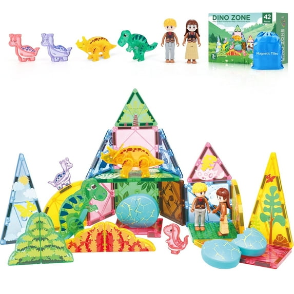 FunMagic Magnetic Tiles Dinosaur Toys 3D Movable Dino Blocks for Kids Toddler Outdoor Sensory Toys, Educational Building Blocks for Boys Girls