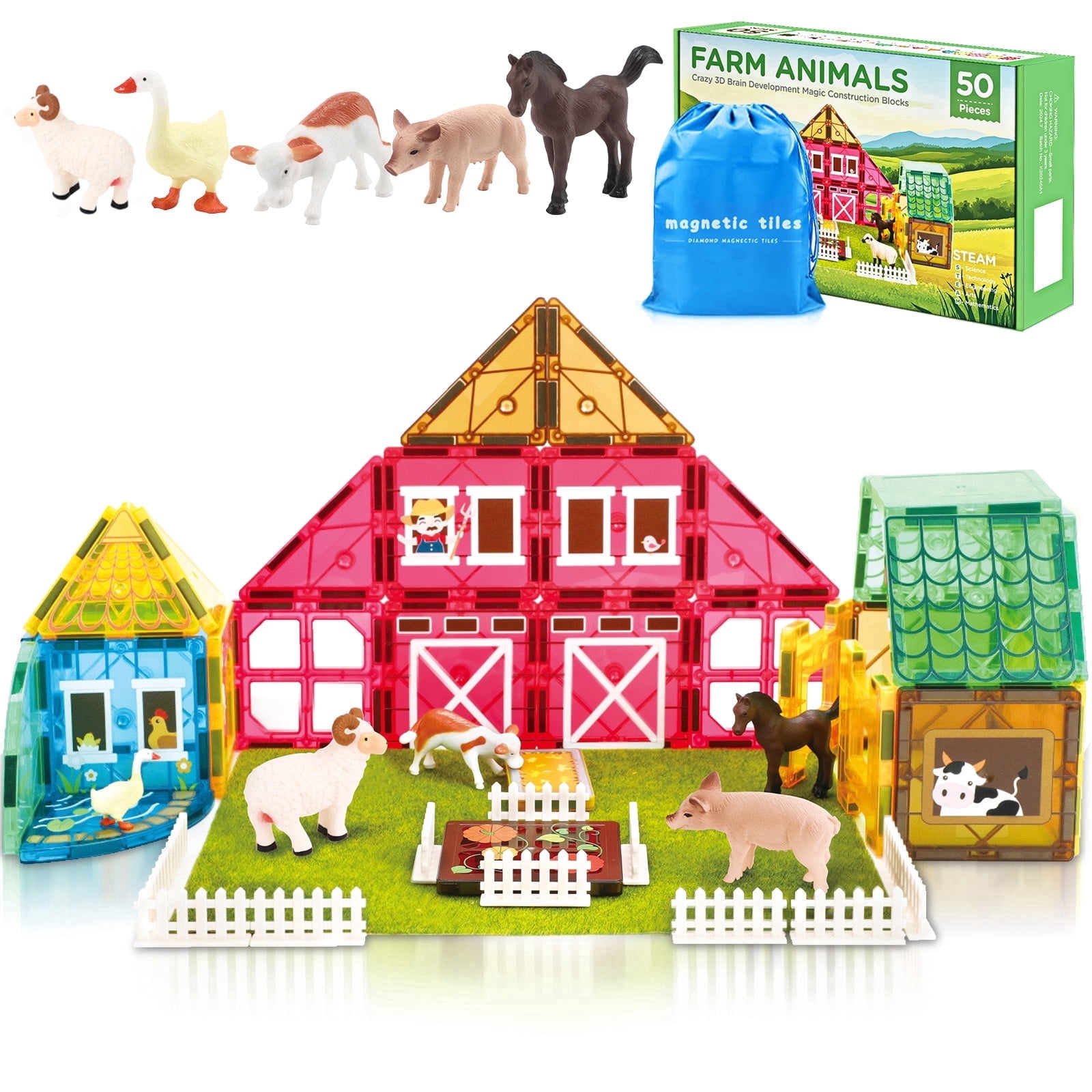 FunMagic Magnetic Tiles Farm Animal Toys Set for Toddles Kids, Montessori STEM Educational Magnetic Building Blocks for 3+ Year Old Boys Girls