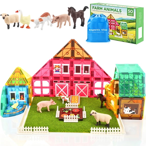 FunMagic Magnetic Tiles Farm Animal Toys Set for Toddles Kids, Montessori STEM Educational Magnetic Building Blocks for 3+ Year Old Boys Girls