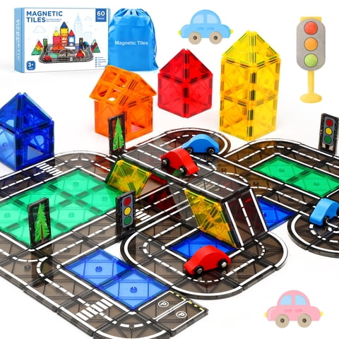 FunMagic Magnetic Tiles Road Set, Magnetic Building Tiles with 2 Cars, Preschool Montessori Toys Magnetic Blocks Gift for 3+ Year Old Boys and Girls