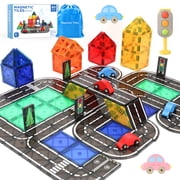 FunMagic Magnetic Tiles Road Set, Magnetic Building Tiles with 2 Cars, Preschool Montessori Toys Magnetic Blocks Gift for 3+ Year Old Boys and Girls
