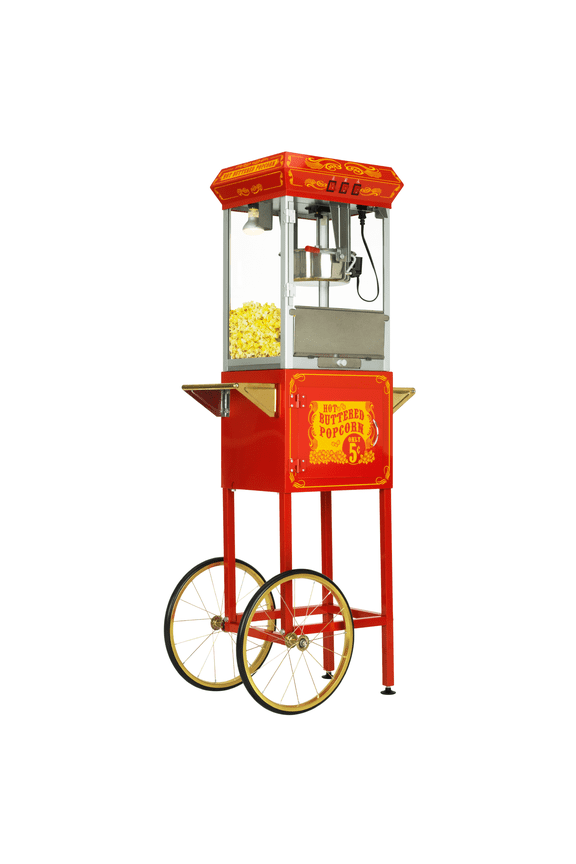 FunTime Sideshow 8oz Popcorn Machine with Cart, Red/Gold
