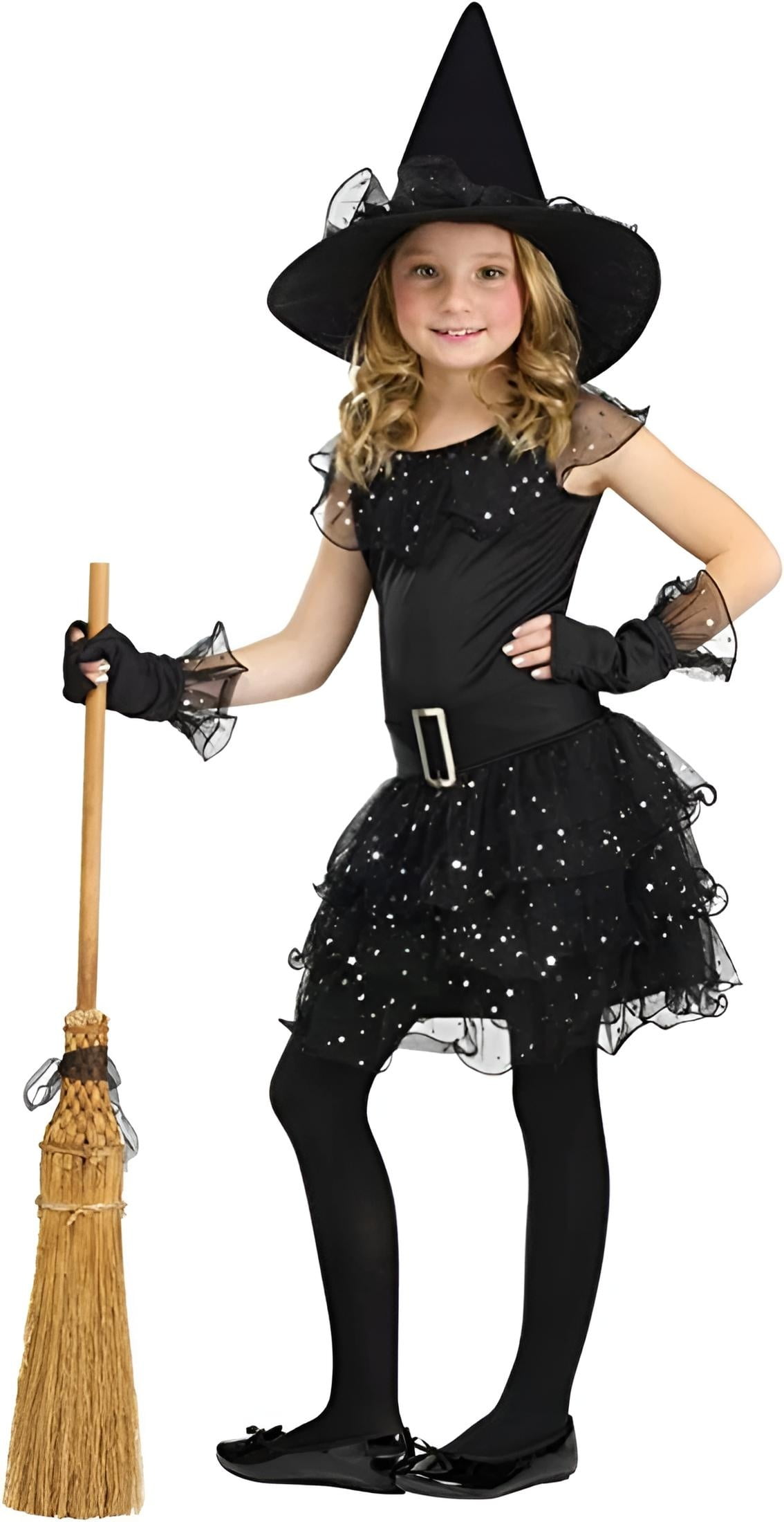 Large Black Glitter Witch Costume with Hat and Gloves