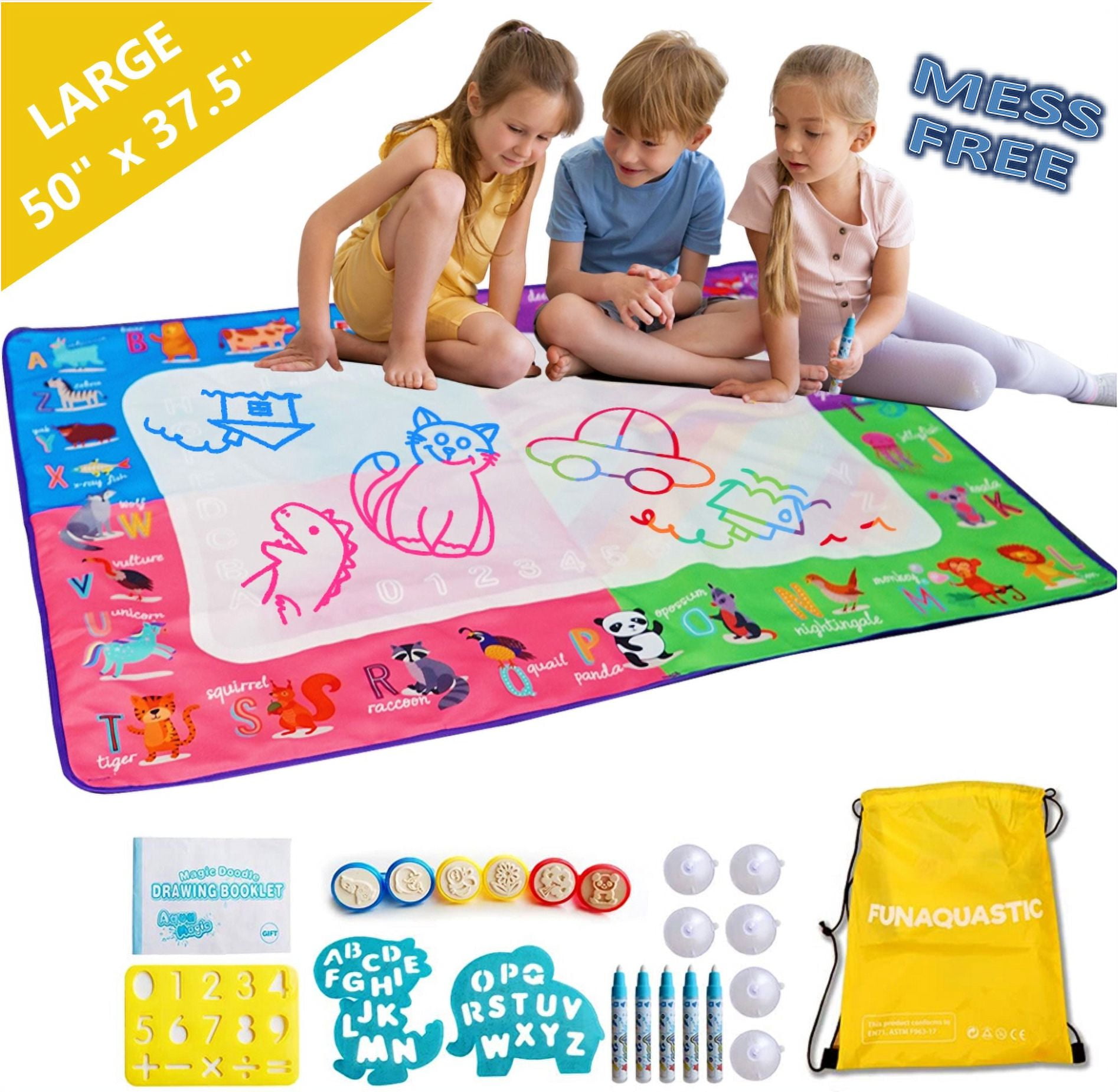 Funaquastic Water Drawing Mat with Water Pens & Accessories - Water Doodle  Mat XXL Size 50 x 37,5 inch - Educational Learning Toy for Girls Boys Kids