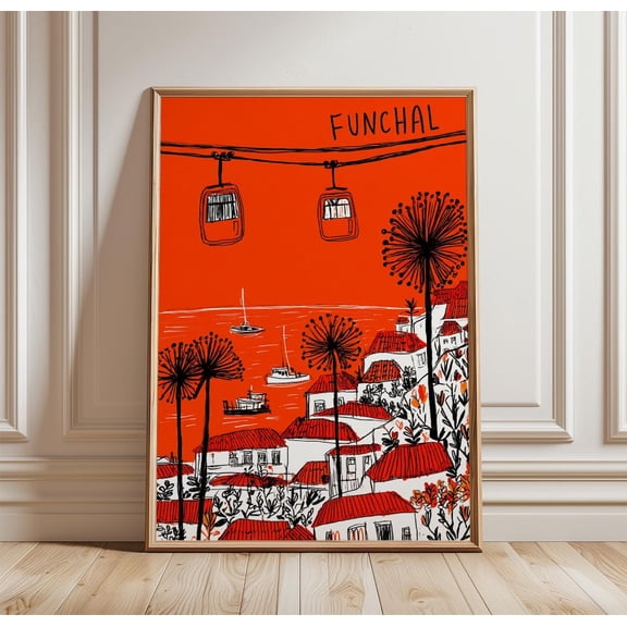 Funchal Travel Coastal City Print Cable Car Wall Art, Unframed Paper Print