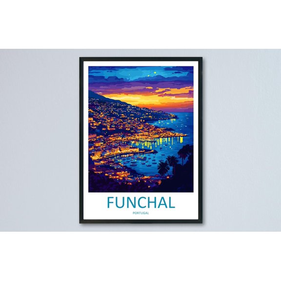 Funchal Travel Madeira Coastal City Hill View Illustration Atlantic Island Accent Funchal Wall Decor Unframed Paper Print