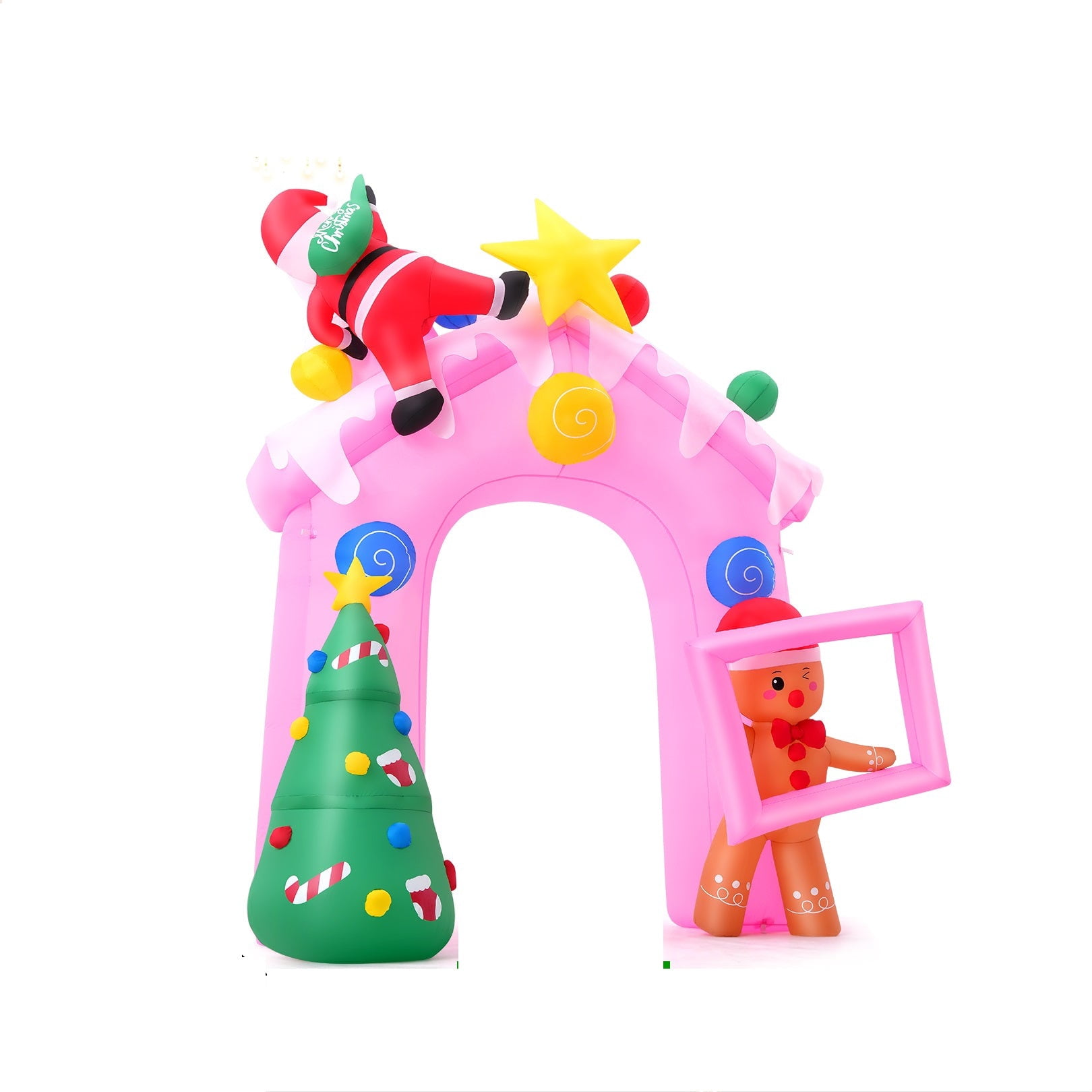 Funcid 10FT Pink Christmas Inflatable Archway with LED Lights - Candy House Holiday Yard Decoration with Santa & Gingerbread Man