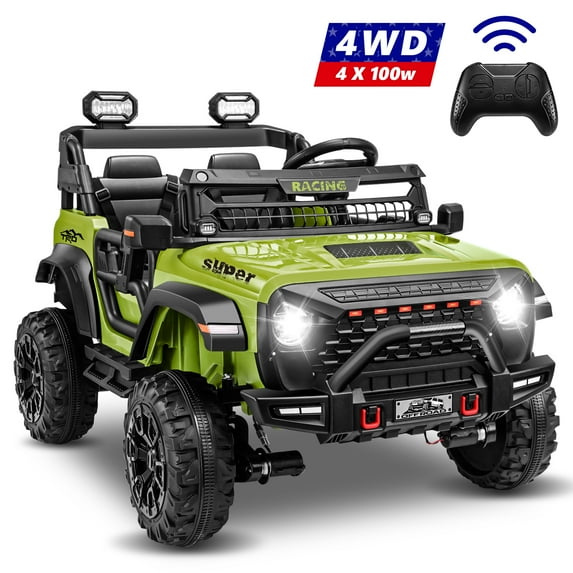 VIBESPARK 24 Volt 2-Seater Ride on Toys with Remote Control, 9AH Electric Car for Kids, 4WD Battery Powered Ride on Truck Car, Power Car Wheels w/ Bluetooth, Music, Spring Suspension, 3-Speed, Green