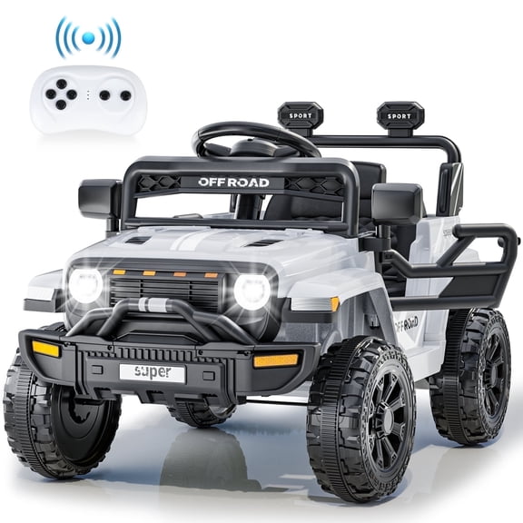 Funcid 12 Volt Ride on Truck, Ride on Toys for Toddlers with Remote Control, Electric Cars, Ride on Cars w/ 3-point Safety Belts, Built-in Music, Bright LED Headlights, Spring Suspension, White