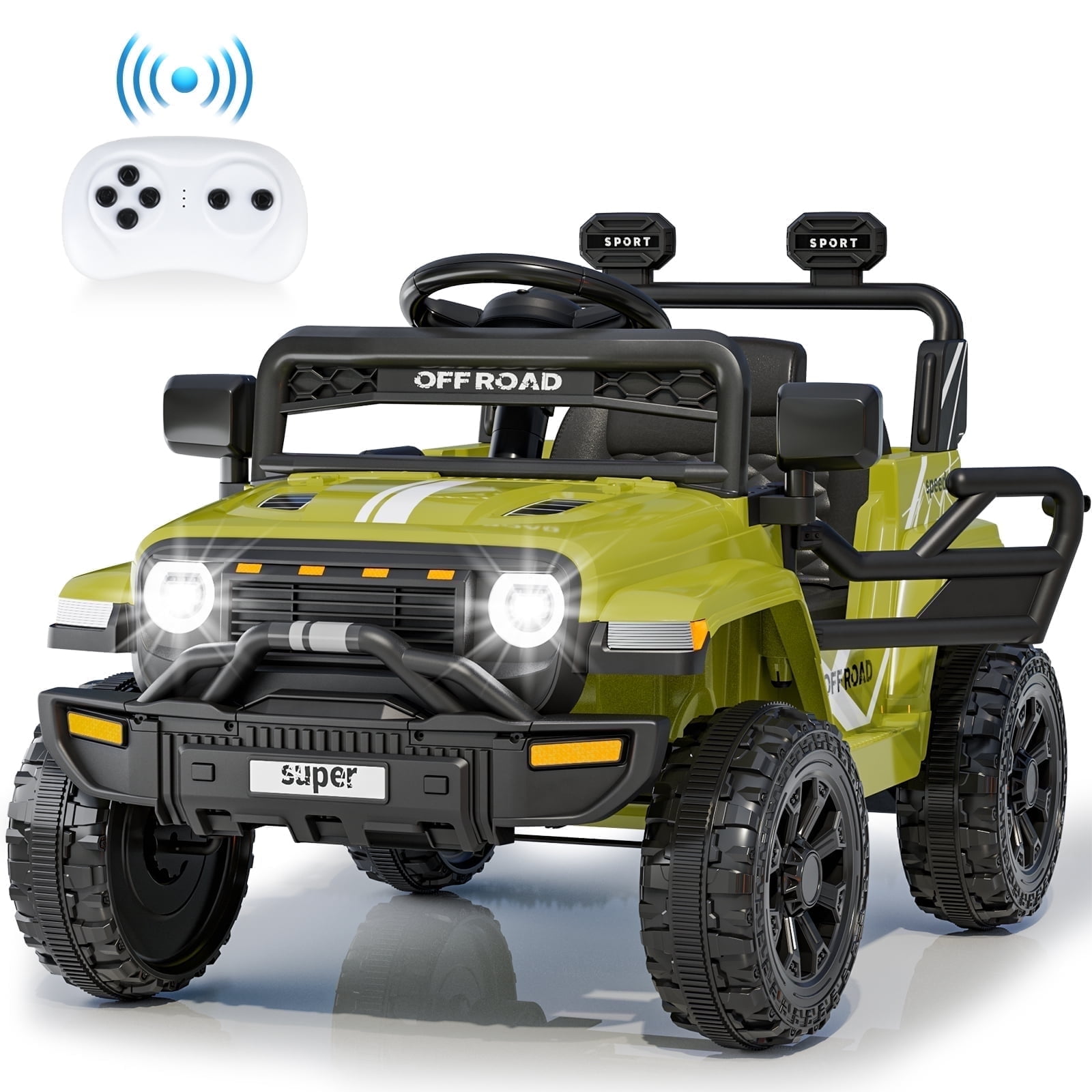 Funcid 12 Volt Ride on Truck, Ride on Toys for Toddlers with Remote Control, Electric Cars, Ride on Cars w/ 3-point Safety Belts, Built-in Music, Bright LED Headlights, Spring Suspension, Green