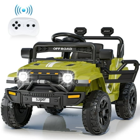 Funcid 12 Volt Ride on Truck, Ride on Toys for Toddlers with Remote Control, Electric Cars, Ride on Cars w/ 3-point Safety Belts, Built-in Music, Bright LED Headlights, Spring Suspension, Green