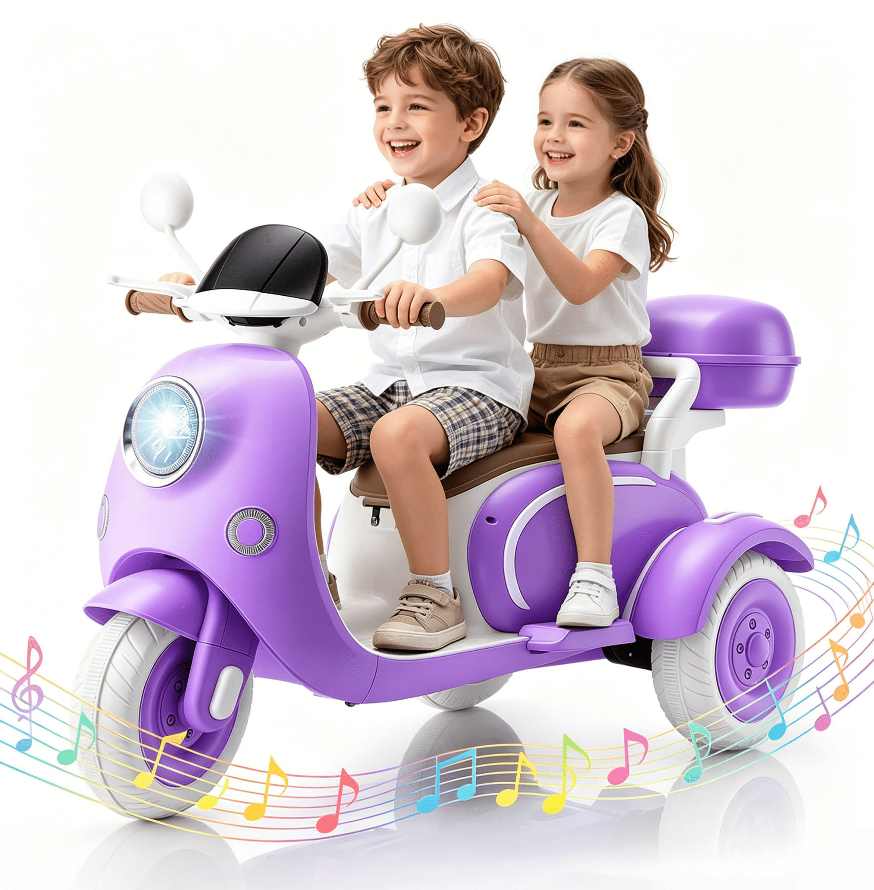 Funcid 12V Ride on Motorcycle with 3 Wheels, 2 Seater Kids Motorcycle with Storage Compartments, 2WD Electric Bike for Toddlers, Stable Structure, Cute Design, Music, LED Lights, Purple