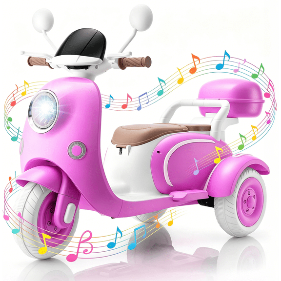 Funcid 12V Ride on Motorcycle with 3 Wheels, 2 Seater Kids Motorcycle with Storage Compartments, 2WD Electric Bike for Toddlers, Stable Structure, Cute Design, Music, LED Lights, Rose Red