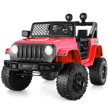 Funcid 12V Kids Powered Ride on Truck Car with Parent Remote Control, Bluetooth Music, Spring Suspension, LED Lights - Red