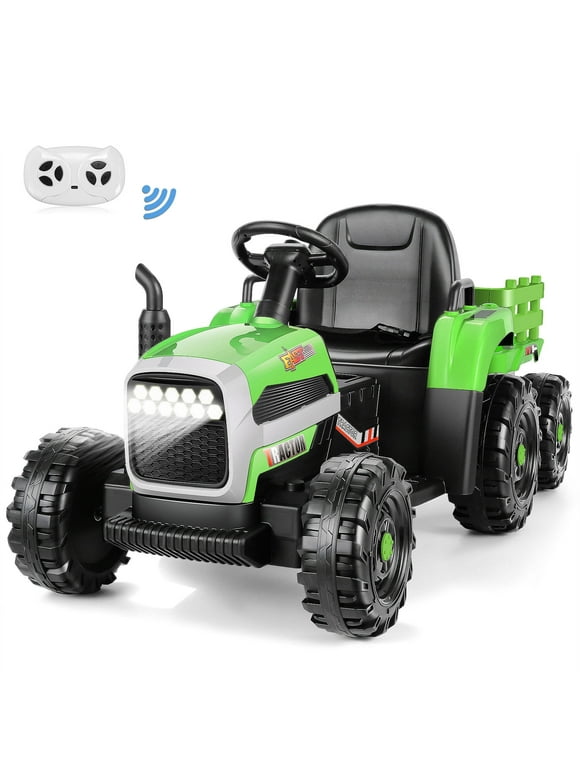 Funcid 12V Kids Ride on Tractor with Trailer 7AH Battery Powered Tractor Electric Car for Toddler, Ride on Toys Motorized Vehicle with Parents Remote Control, Bluetooth, 3 Speeds, 11-LED Lights, Green