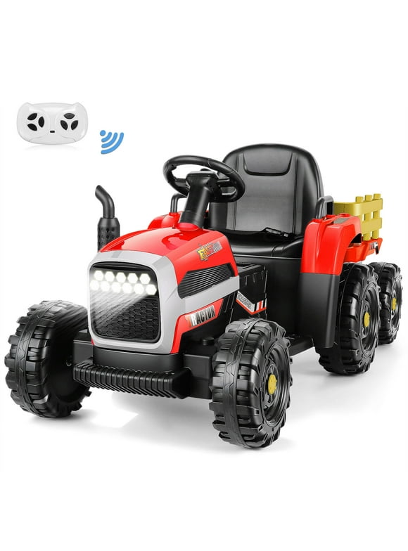 Funcid 12V Kids Ride on Tractor with Trailer 7AH Battery Powered Tractor Electric Car for Toddler, Ride on Toys Motorized Vehicle with Parents Remote Control, Bluetooth, 3 Speeds, 11-LED Lights, Red