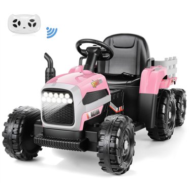 Funcid 12V Kids Ride on Tractor with Trailer 7AH Battery Powered Tractor Electric Car for Toddler, Ride on Toys Motorized Vehicle with Parents Remote Control, Bluetooth, 3 Speeds, 11-LED Lights, Pink