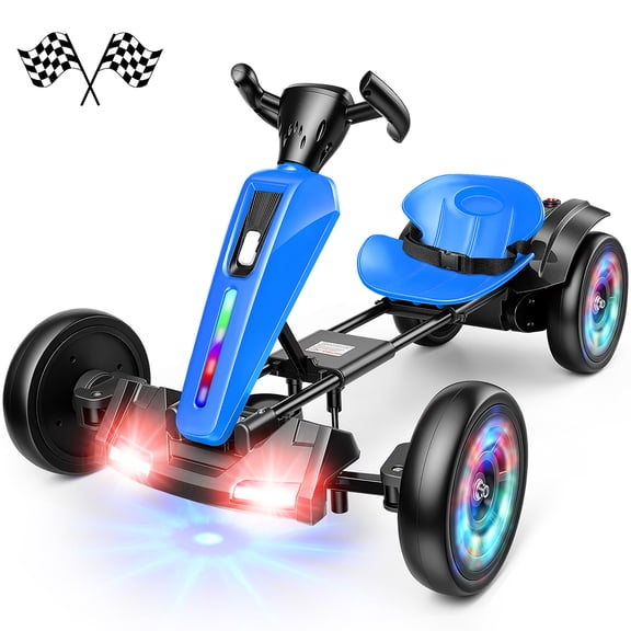 Funcid 12V Foldable Electric Go Kart, Bluetooth, Music, Light Button, LED Lights, Adjustable Seat, Eva Wheels, Ages 3-6, Blue