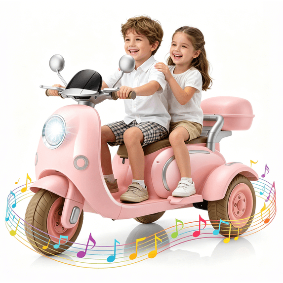Funcid 12V Ride on Toys for Toddlers, 2 Seater 3 Wheeler Kids Motorcycle with Storage Compartments, 2WD Electric Car for Kids w/ Stable Structure, Cute Design, Music, LED Lights, Pink