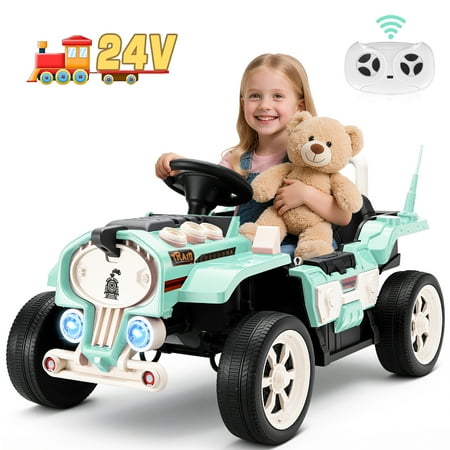 Farmdex 24 Volt Ride on Toys, Ride On Train Car for Toddlers with Parent Remote Control, Electric Car for Kids Aged 2-6, Spring Suspension, MP3, LED Lights, Bluetooth, Green