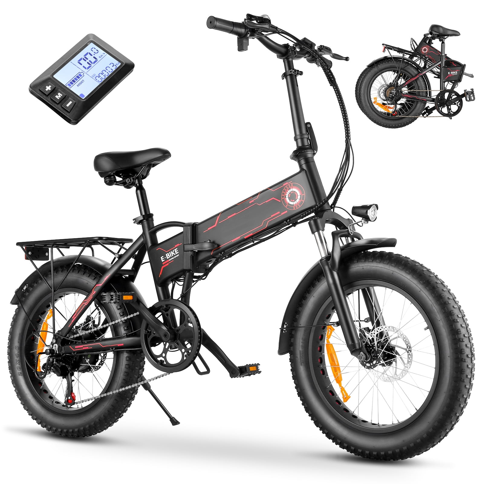 Funcid 20 4.0 Fat Tire Electric Bike 500W Folding Electric Mountain  Bicycle Adults E-Bike 48V Removable Li-Ion Battery, Shimano 7 Speed  Electric