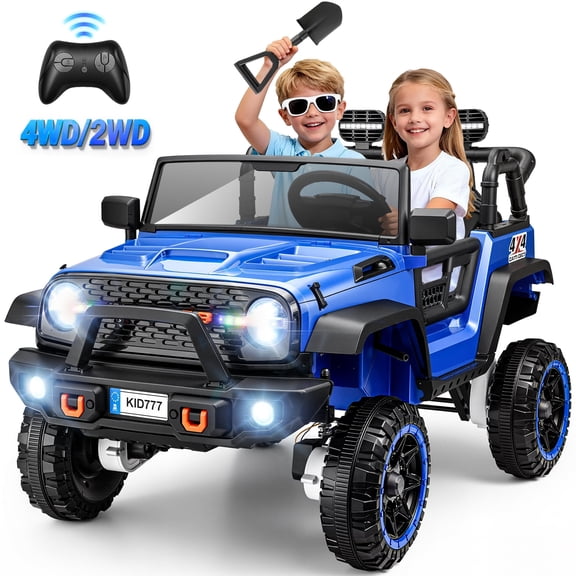 Funcid 24V Ride on Toys with Remote Control, 2 XL Seater Ride on Truck Car, 2WD/4WD Electric Car for Kids w/ Bluetooth, Flashing Colored Lights, SD Port, MP3, Spring Suspension, 6MPH, Blue