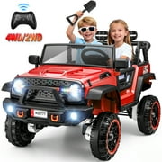 Funcid 24V Ride on Toys with Remote Control, 2 XL Seater Ride on Truck Car, 2WD/4WD Electric Car for Kids w/ Bluetooth, Flashing Colored Lights, SD Port, MP3, Spring Suspension, 6MPH, Red