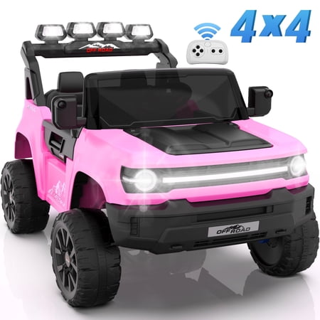 Funcid 24V Ride on Toys with Remote Control, 2 XL 21.7'' Seater Ride on Truck Car, 2WD/4WD 800W Electric Car for Kids w/ Bluetooth, Bright LED Lights, MP3, Spring Suspension, Pink