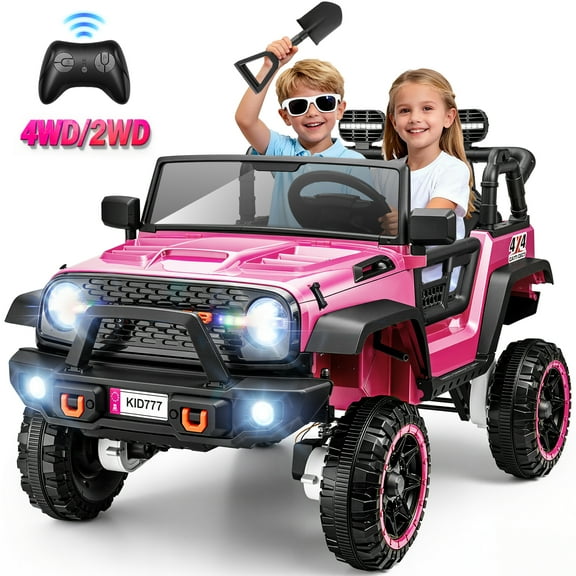 Funcid 24V Ride on Toys with Remote Control, 2 XL Seater Ride on Truck Car, 2WD/4WD Electric Car for Kids w/ Bluetooth, Flashing Colored Lights, SD Port, MP3, Spring Suspension, 6MPH, Pink