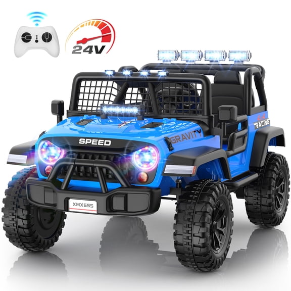 Funcid 24 Volt Ride on Toys with Remote Control, 400W 2-Seater Ride on Cars with Colored LED Lights & Battery Indicator, Electric Car for Kids w/ Bluetooth, Light Control, Volume Knob, Blue