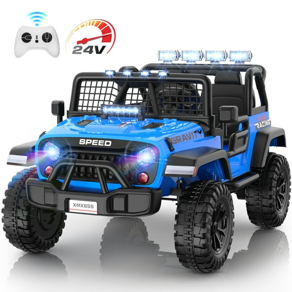 Funcid 24 Volt Ride on Toys 2-Seater Ride on Cars with Remote Control, 400W Electric Car for Kids, Ride on Truck Car W/ Bluetooth, Power Display, Music, LED Lights, Suspension, Blue
