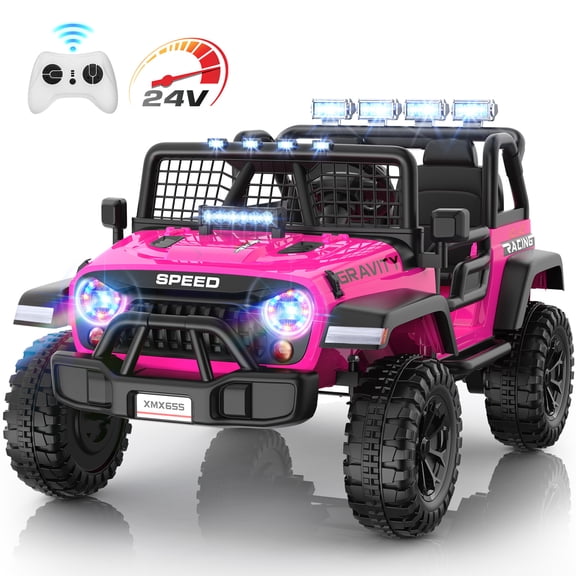 Funcid 24 Volt Ride on Toys with Remote Control, 400W 2-Seater Ride on Cars with Colored LED Lights & Battery Indicator, Electric Car for Kids w/ Bluetooth, Light Control, Volume Knob, Pink