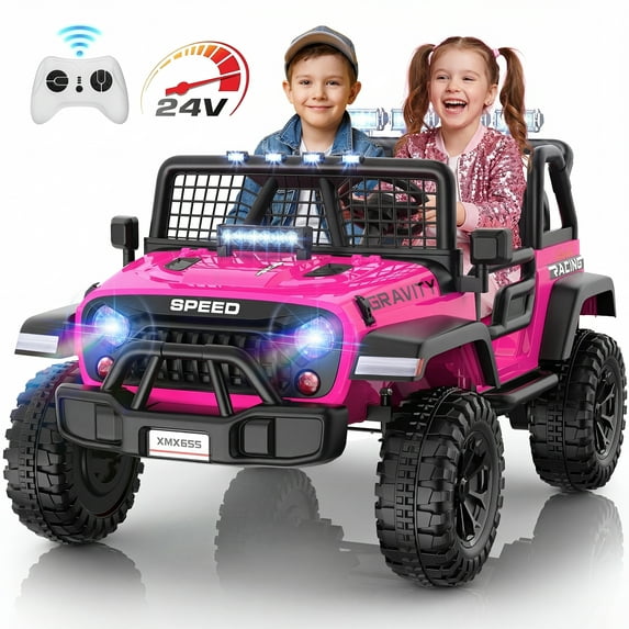 Funcid 24 Volt Ride on Toys 2-Seater Ride on Cars with Remote Control, 400W Electric Car for Kids, Ride on Truck Car W/ Bluetooth, Power Display, Music, LED Lights, Suspension, Pink