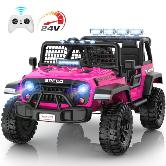 Funcid 24 Volt Pink 2-Seater Ride on Truck Car with Remote Control, Bluetooth, LED Lights
