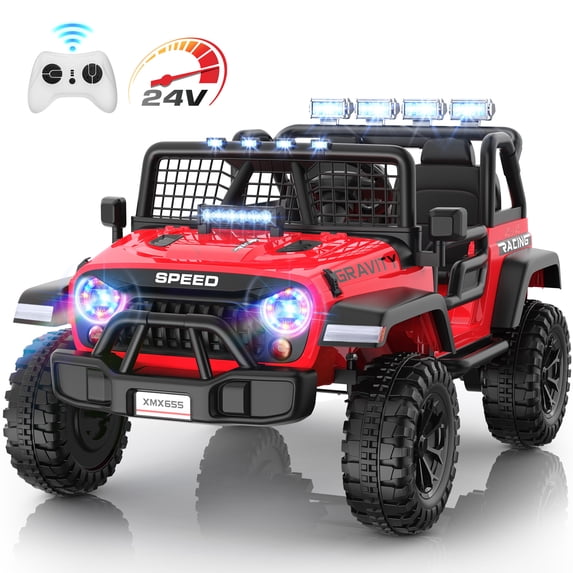 Funcid 24 Volt Ride on Toys with Remote Control, 400W 2-Seater Ride on Cars with Colored LED Lights & Battery Indicator, Electric Car for Kids w/ Bluetooth, Light Control, Volume Knob, Red