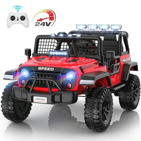 Funcid 24V 2-Seater Ride on Toys with Twinkling Colored Lights & Battery Display, 400W Kids Electric Car w/ Rich Searchlights, Various Operating Buttons, Light Control, Volume Knob, Bluetooth, Red