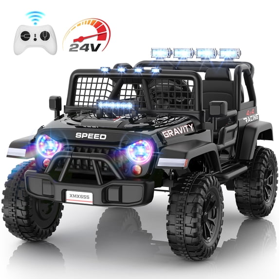 Funcid 24 Volt Ride on Toys with Remote Control, 400W 2-Seater Ride on Cars with Colored LED Lights & Battery Indicator, Electric Car for Kids w/ Bluetooth, Light Control, Volume Knob, Black