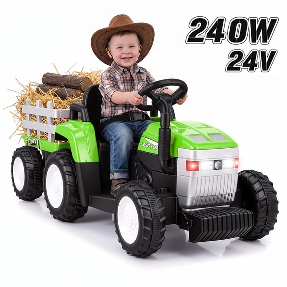 Funcid 24 Volt Ride on Toys with Remote, 5 AH Electric Ride on Vehicles for Kids, 240W Ride on Tractor, Power Car Wheels w/ Detachable Trailer, Bluetooth, Music, Taillight & Light Switch, Green