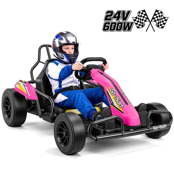 Funcid 24V 10Ah Big Battery Go Kart for Kids Age 6-12, Ride on Toys with 600W Motors, 7.5 MPH Electric Go Kart W/ EVA Wheels, 4-Level Adjustable Seat & 360° Drift Mode, LED Power Display, Pink