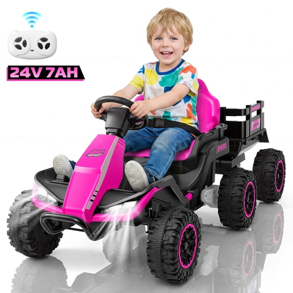 Farmdex 24 Volt Ride on Cars with Detachable Trailer, Battery Powered Ride on Toys, Electric Car w/ Bluetooth, Music, Battery Display, Light Control, 5 MPH, Pink