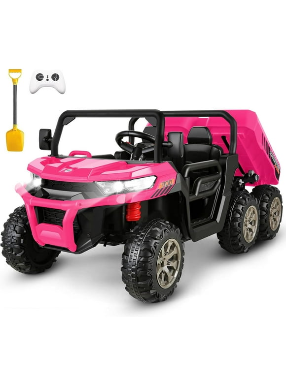 Funcid 24V Ride on Toys with Remote Control, 2 Seater Kid Ride on UTV, 4WD Ride on Dump Truck Car, Electric Battery Powered 6-Wheel UTV Toys w/ Tipping Bucket Trailer, Shovel, Bluetooth Music,Pink