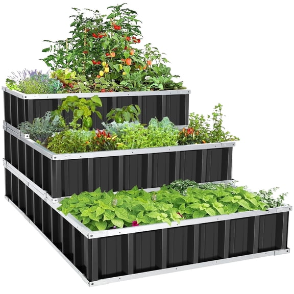 Funcid 3 Tiers Funcid Galvanized Raised Garden Beds 4ftx3ftx2ft Large Metal Garden Beds Galvanized Steel Planter Box for Vegetables Flowers Herbs - Black
