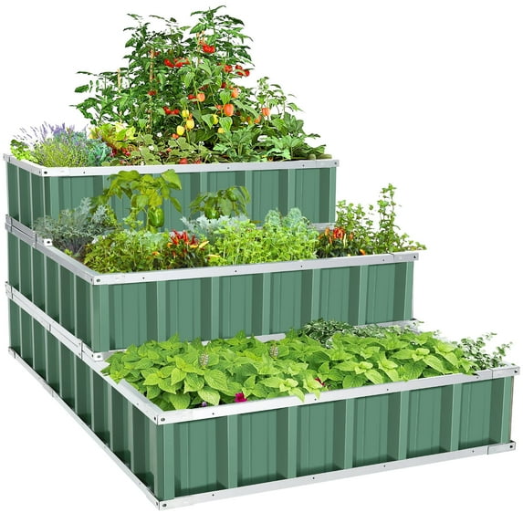 Funcid 3 Tiers Funcid Galvanized Raised Garden Beds 4ftx3ftx2ft Large Metal Garden Beds Galvanized Steel Planter Box for Vegetables Flowers Herbs - Green