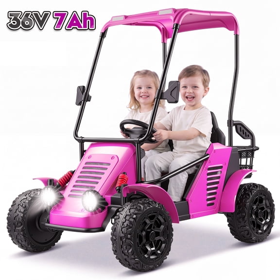 Funcid 36V Kids Golf Cart, 4WD 6.21 MPH 2 Seater Electric Cars with 7Ah Big Battery, 800W Powerful Motors, Detachable Awning and Storage Basket, Ride on Toys for 3-8 Years, Pink