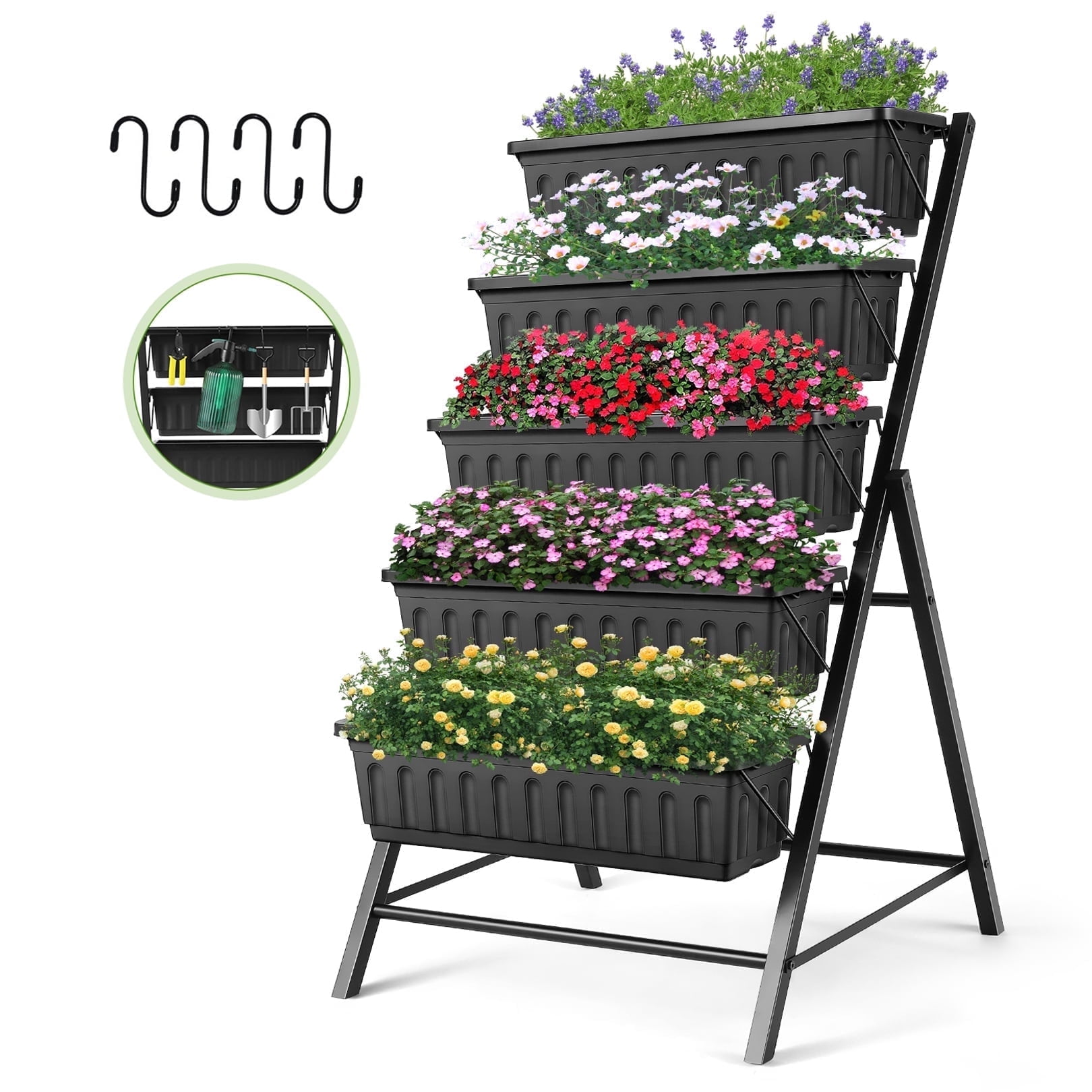 Funcid 4 ft Vertical Garden 5-Tier Raised Garden Bed Planter Box for Patio Balcony Flower Herb Freestanding Garden Planter Black, 26"×22.75×45"