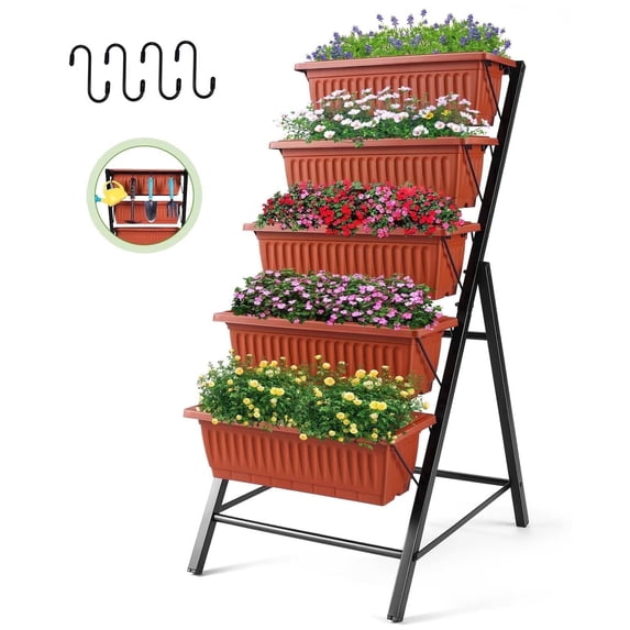 Funcid 4 ft Vertical Garden 5-Tier Raised Garden Bed for Patio Balcony Flower Herb Freestanding Garden Planter Box Brown, 26"×22.75×45"