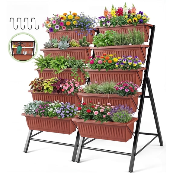 Funcid 4 ft Vertical Garden 5-Tier Raised Garden Bed Planter Box for Patio Balcony Flower Herb Freestanding Garden Planter Brown, 2 Packs, 26"×22.75×45"