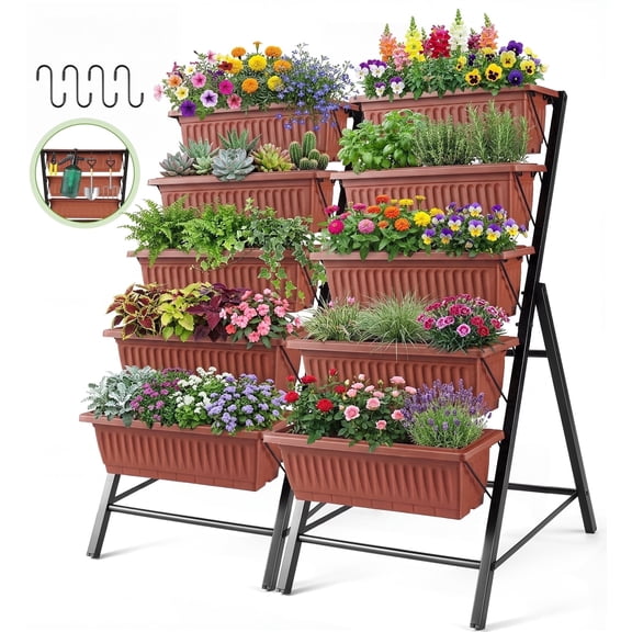 Funcid 4 ft Vertical Garden 5-Tier Raised Garden Bed Planter Box for Patio Balcony Flower Herb Freestanding Garden Planter Brown, 2 Packs, 26"×22.75×45"