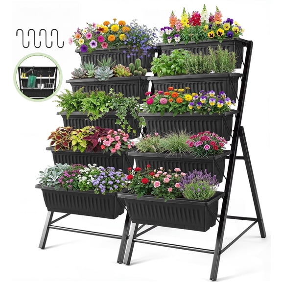 Funcid 4 ft Vertical Garden 5-Tier Raised Garden Bed Planter Box for Patio Balcony Flower Herb Freestanding Garden Planter Black, 2 Packs, 26"×22.75×45"