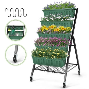 Funcid 4 ft Vertical Garden with Removable Locking Wheels 5-Tier Raised Garden Bed Planter Box for Patio Outdoor Planting Flower Herb Freestanding Garden Planter with Storage Shelf Green, 30"×26"×48"